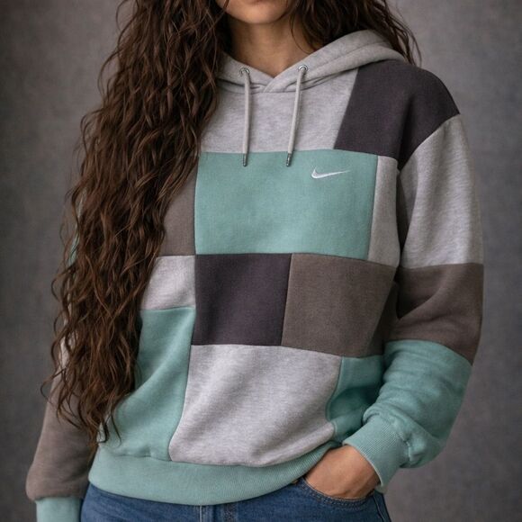 Nike Tops - Upcycled Nike Patchwork Pullover Relaxed Casual Hoodie Teal,Brown,Gray, Sweater